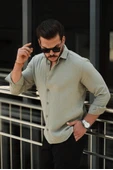 Nefes Alabilir Yarım Oversize Müslin Kumaş Uzun Kol Yakalı Erkek Gömlek - Açık Haki - 3