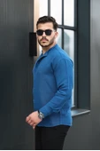 Hafif ve Nefes Alabilir Erkek Müslin Yarım Pat Hakim Yaka Oversize Gömlek -İndigo - 2