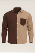 Kontrast Çift Renk Fitilli Kadife Gömlek - Kahve - 1