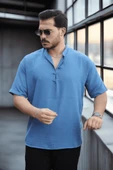 Oversize Yarım Pat Bambu Kısa kol Gömlek - Mavi - 1