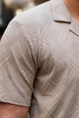 Bej Erkek Jakarlı Desenli Kısa Kollu Relaxed Gömlek - 3