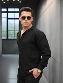 Apaş Yaka Oversize Müslin Kumaş Gömlek - Siyah - 1