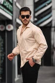Oversize Çizgili Saten Gömlek- Bej - 2