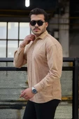 Fitilli Erkek Kadife Gömlek - Bej thumbnail 4