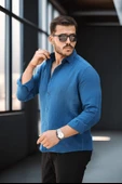 Nefes Alabilir Yarım Oversize Müslin Kumaş Uzun Kol Yakalı Erkek Gömlek - İndigo - 1