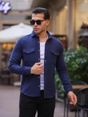 Çift Cep Kapaklı Kaşe Gömlek - Lacivert - 1