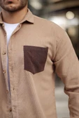 Cep Detaylı Fitilli Kadife Gömlek - Açık Bej - 6