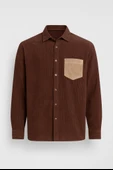 Cep Detaylı Fitilli Kadife Gömlek - Koyu Kahve thumbnail 1