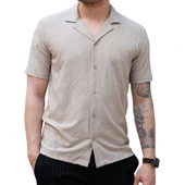 Bej Erkek Jakarlı Desenli Kısa Kollu Relaxed Gömlek - 5