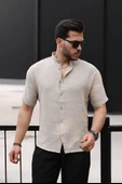 Hakim Yaka Müslin Kumaş Kısa Kol Gömlek - Bej - 3