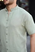 Hakim Yaka Müslin Kumaş Kısa Kol Gömlek - Açık Haki - 2