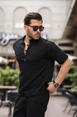 Oversize Yarım Pat Bambu Kısa kol Gömlek - Siyah - 1