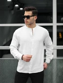 Hafif ve Nefes Alabilir Erkek Müslin Yarım Pat Hakim Yaka Oversize Gömlek - Beyaz - 1