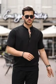 Oversize Yarım Pat Bambu Kısa kol Gömlek - Siyah - 2