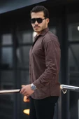 Fitilli Erkek Kadife Gömlek - Kahve thumbnail 5