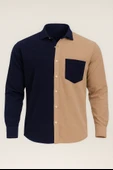 Kontrast Çift Renk Fitilli Kadife Gömlek - Koyu Lacivert thumbnail 1