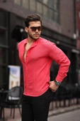 Hafif ve Nefes Alabilir Erkek Müslin Yarım Pat Hakim Yaka Oversize Gömlek - Kırmızı - 1
