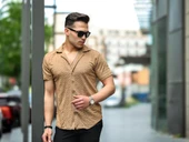 Jakarlı Çubuk Desenli Fit Gömlek - Bej - 4
