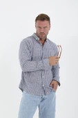 Nefes Alabilir Zarif Günlük Carina Çizgili Pamuklu Erkek Gömlek - Lacivert thumbnail 7