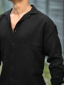 Apaş Yaka Oversize Müslin Kumaş Gömlek - Siyah - 2