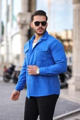 Çift Cepli Düğmeli Kaşe Gömlek - Saks Mavisi - 1