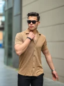 Jakarlı Çubuk Desenli Fit Gömlek - Bej - 3