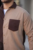 Kontrast Çift Renk Fitilli Kadife Gömlek - Kahve - 4