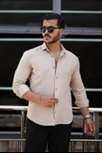 Nefes Alabilir Yarım Oversize Müslin Kumaş Uzun Kol Yakalı Erkek Gömlek - Bej - 2
