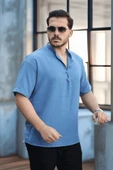 Oversize Yarım Pat Bambu Kısa kol Gömlek - Mavi - 4