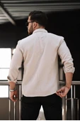 Nefes Alabilir Yarım Oversize Müslin Kumaş Uzun Kol Yakalı Erkek Gömlek - Bej - 3