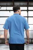 Oversize Yarım Pat Bambu Kısa kol Gömlek - Mavi - 5
