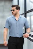 Yarım Oversize Apaş Yaka Kısa Kol Müslin Kumaş Erkek Gömlek - Soğuk Mavi thumbnail 1