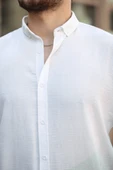 Pera Kumaş Keten Görünümlü Yarım Oversize Uzun kollu Erkek Gömlek - Beyaz - 2