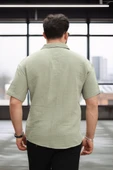 Yarım Oversize Apaş Yaka Kısa Kol Müslin Kumaş Erkek Gömlek - Haki thumbnail 5