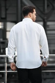 Pera Kumaş Keten Görünümlü Yarım Oversize Uzun kollu Erkek Gömlek - Beyaz - 5
