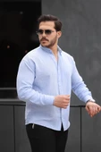 Çizgili Müslin Kumaş Yakalı Erkek Gömlek - Mavi - 2