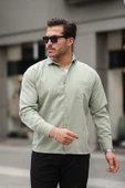 Tek Cepli Oversize Gabardin Kumaş Erkek Gömlek - Açık Yeşil - 3