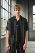Bohem Çizgili Örme Kumaş Erkek Gömlek - Siyah - 1