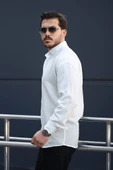 Pera Kumaş Keten Görünümlü Yarım Oversize Uzun kollu Erkek Gömlek - Beyaz - 4