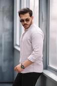 Çizgili Müslin Kumaş Yarım Pat Erkek Gömlek - Bej - 2