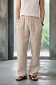 Baggy Kalıp Müslin Kumaş Pantolon - Orta Bej - 4