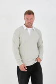 Polo Yaka Selanik Örme Kumaş Erkek Sweatshirt - Taş - 1