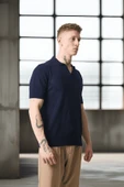 Örme Desenli Viskon Polo Yaka Triko Erkek T-Shirt - Lacivert - 4