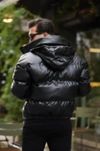 Oversize Kapüşonu Çıkarılabilir Şişme Deri Mont - Siyah - 4