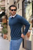 Polo Yaka Selanik Örme Kumaş Erkek Sweatshirt - İndigo - 2