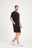 İki İplik Pamuklu Duble Kol Yırtmaçlı T-Shirt Şort Takım - Siyah - 6