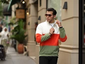 Parça Desen Yarım Fermuar Polar Sweatshirt - Ekru/Turuncu/Haki - 3