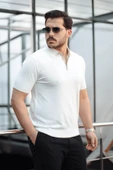 Premium Şerit Detaylı Viskon Polo Yaka Triko Erkek T-Shirt - Ekru thumbnail 5