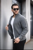 Oversize Selanik Örme Fermuarlı Erkek Hırka- Füme - 6