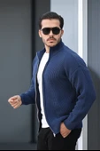 Oversize Selanik Örme Fermuarlı Erkek Hırka- İndigo - 1